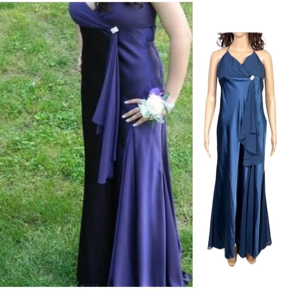 Camille La Vie Blue Blue Satin Sleeveless V-Neck Maxi Gown Dress 12